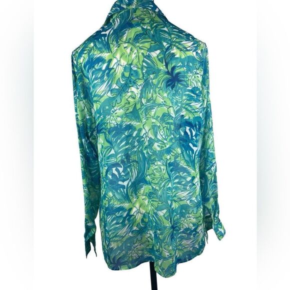 Vicki Wayne tropical teal & green button down long sleeve sheer blouse sz 12 - Picture 2 of 7